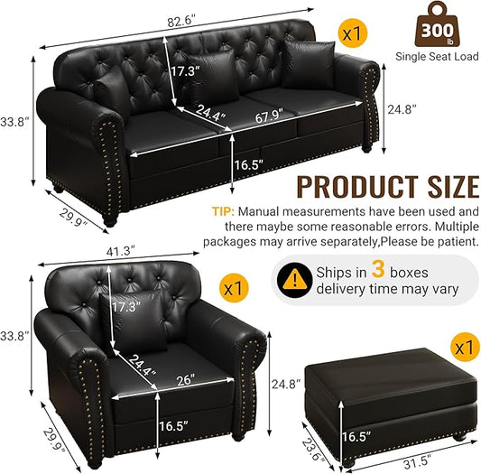 KEIKI 2-Piece Chesterfield Sofa Set with 1 Faux Leather 3-Seater Sofa & 1 Single Sofa, Upholstered 4-Seater Couch Set with Nailhead Trim & Rolled Arms & 1 Ottoman & 4 Pillow, for Living Room, Black
