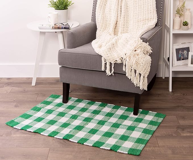 DII Buffalo Check Rug Collection, Hand Dyed Reversible Chindi Rug, 26x40, Green