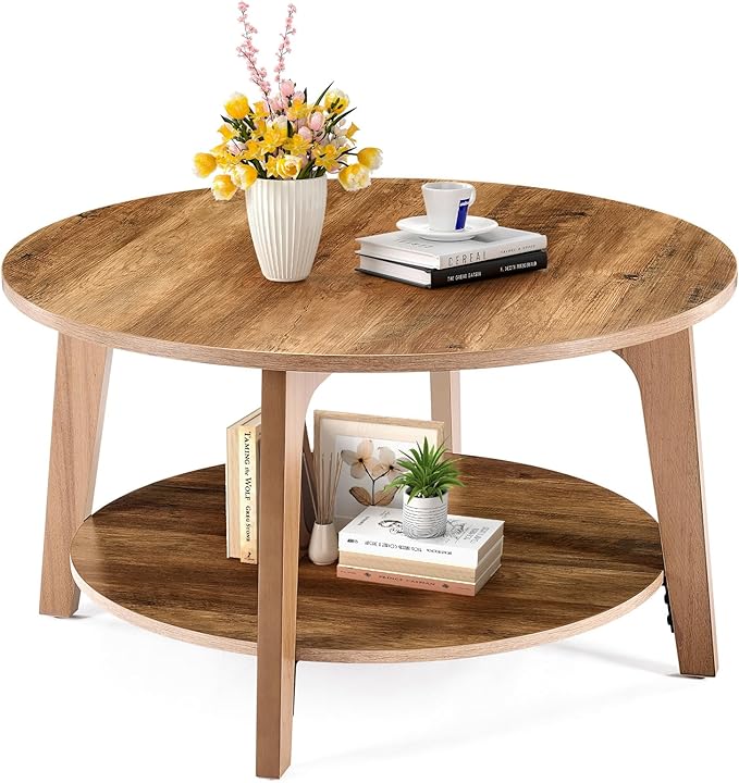 OLIXIS Round Coffee Table, 32'' Wood Coffee Tables for Living Room with Storage, 2-Tier Center Circle Counter with Wooded Desktop, 50 lbs Capacity, Anti-Slip Feet, Modern Farmhouse Design, Brown