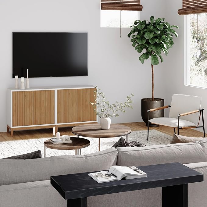 Nathan James Jasper Modern Sideboard, TV Stand with Fluted Doors, Accent Storage for Kitchen or Living Room, White/Warm Pine, Set of 2