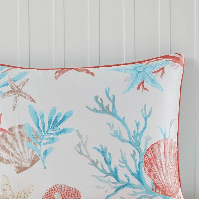 Madison Park 100% Cotton Comforter Set - Coastal Coral, Starfish Design All Season Down Alternative Cozy Bedding with Matching Shams, Decorative Pillow, California King(104"x92"), Teal 7 Piece