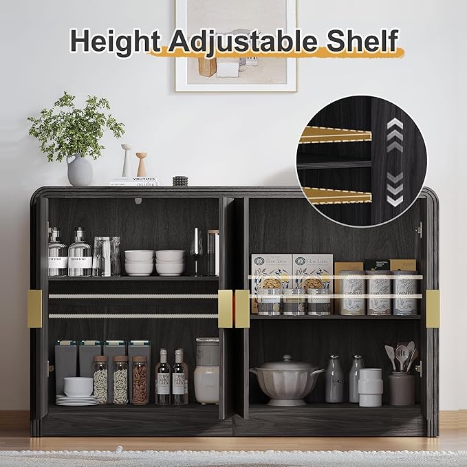 55" Buffet Sideboard Cabinet, Mid Century Modern Console Cabinet with Wavy Grain Doors & Adjustable Shelves for Kitchen Cabinets, Living Room, Entryway, Coffee Bar Cabinet (Black Walnut)