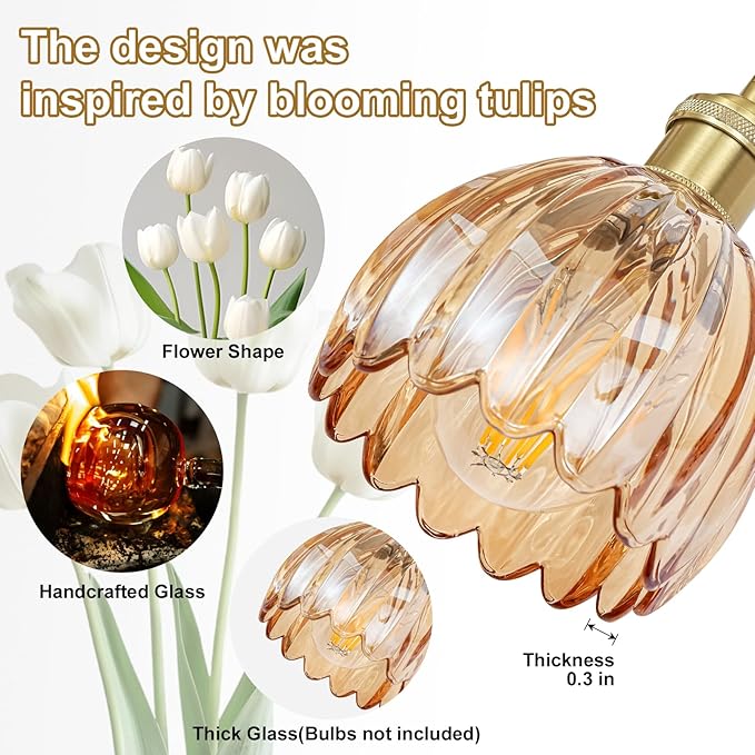 Vintage Bathroom Light Fixtures,5-Light Hardwired Vanity Lights with Amber Tulip Glass Shade,Gold Bathroom Vanity Light for Mirror Restroom,E26 Socket,33.46 in(Bulbs Not Included)