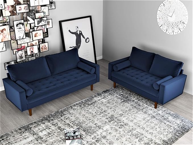 Container Furniture Direct Womble Modern Velvet Upholstered Living Room Diamond Tufted Chesterfield with Gleaming Nailheads, Loveseat, Sofa, Misty Blue