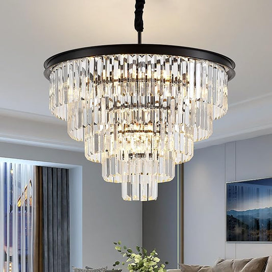 23.23" Black Crystal Chandelier 12-Light Modern Crystal Pendant Ceiling Light Fixture 5-Tier Luxury K9 Crystal Chandeliers,for Dining Room Kitchen Island Living Room Bedroom