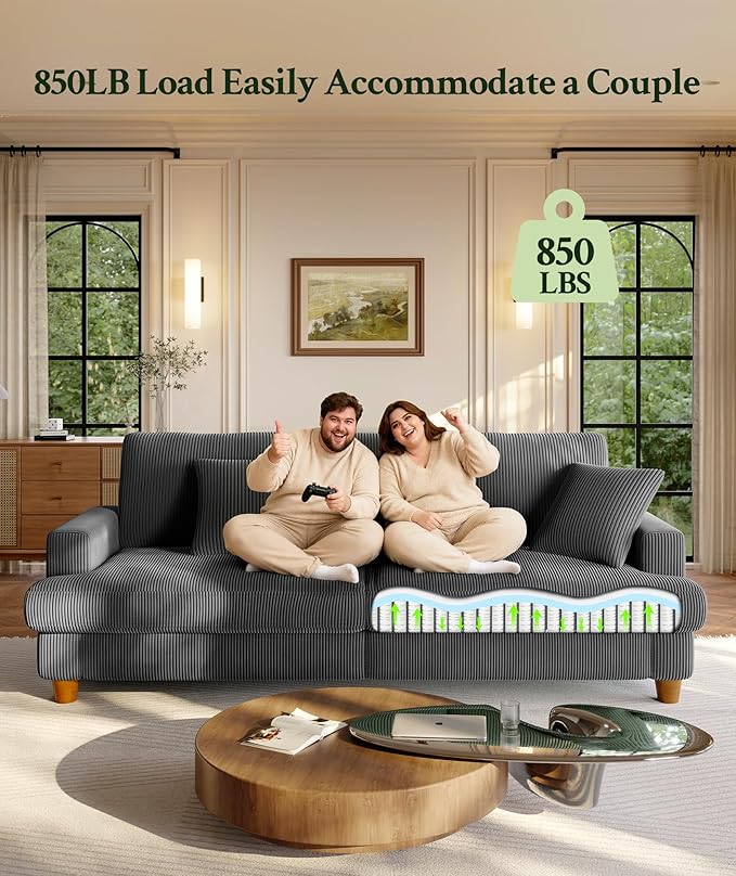 Welzona 87.2" Couches for Living Room, Comfy Sofa Set Tool-Free Setup, Corduroy Couch Set 7.5" Thicker Cushion, Accent Chair with Ottoman 848lbs Support, Sofas for Living Room Home Office, Grey