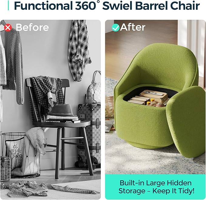 LINSY Swivel Accent Chair Set of 2, Comfy Chenille Barrel Chairs with Storage 360 Swivel Modern Armchair for Living Room Bedroom, Small Boucle Reading Chair for Study Room (Green)