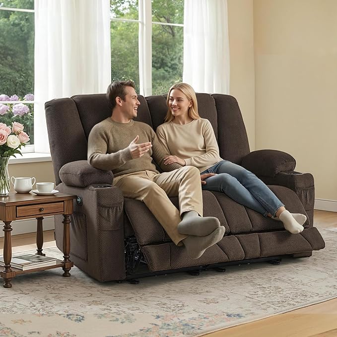 MCombo 57.8" Zero Gravity Power Loveseat Sofa with Heat and Massage, Reclining Loveseat Recliner for Living Room, Fabric 6035SET (Brown)