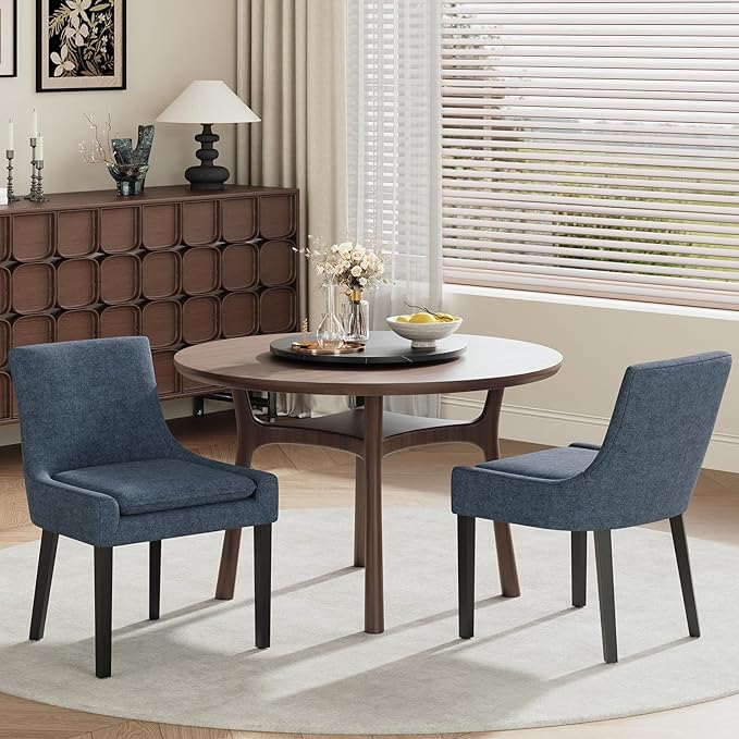 COLAMY Modern Dining Chairs Set of 2, Upholstered Accent Side Leisure Chairs with Mid Back and Wood Legs for Living Room/Dining Room-Blue