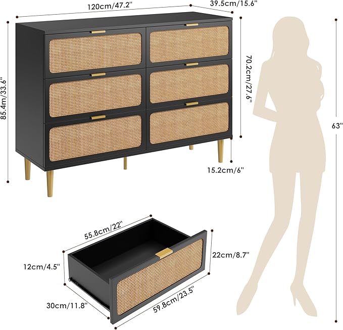 GarveeHome Rattan 6 Drawer Dresser for Bedroom, Large Double Dresser with Deep Drawers, Long Wooden Chest of Drawers for Closet with Wide Top, for Living Room, Hallway, Kids Room, Black
