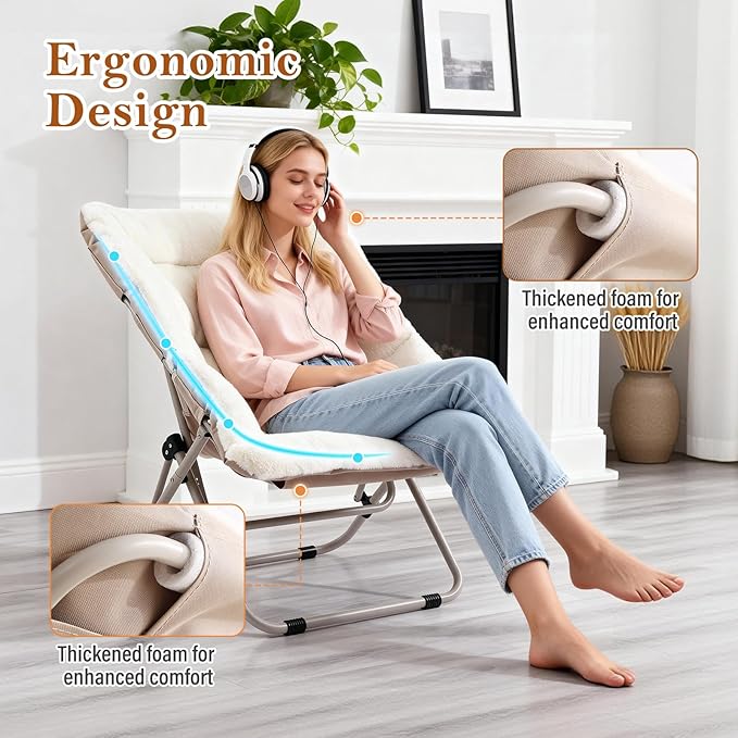 Saucer Chair, Comfy Bedroom Chairs, Oversized Folding Faux Fur Chair, Foldable Metal Frame Chair for Living Room, Balcony, Patio, Study, Playroom (Beige)