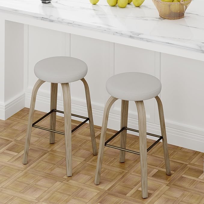 Bar Stools Set of 2, Counter Height Backless Bar Stools, 30" Swivel Barstools Kitchen Chair with Upholstered Fabric Seat, Beige