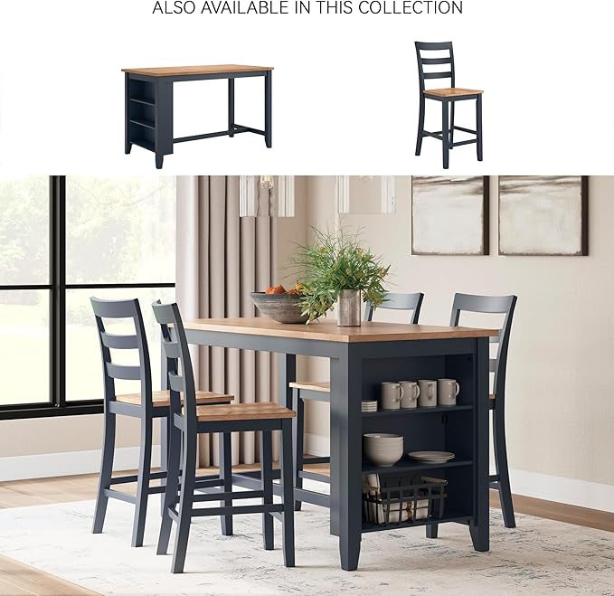 Signature Design by Ashley Gesthaven Casual 24.25" Counter Height Bar Stool with Saber Leg and Slat Back, Set of 2, Light Brown & Blue