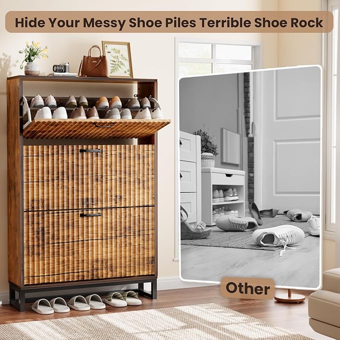 Nicetree Shoe Cabinet Storage for Entryway- Modern Fluted Shoe Organizer 3 Flip Drawers & 3-Tier Adjustable Shelves, Farmhouse Modern Rustic Shoe Rack with Metal Legs for Hallway Foyer Brown