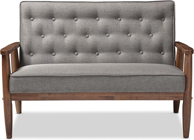 Baxton Studio Sorrento Mid-Century Retro Modern Grey Fabric Upholstered Wooden 2-Seater Loveseat