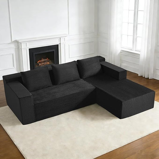 Nigoone 103" Cloud Sectional Sofa, Boneless L-Shape Couch with Chaise, Modern Minimalist Modular Couch for Living Room, Free Combination, Deep Seat, No Assembly Required, Premium Corduroy, Black, R