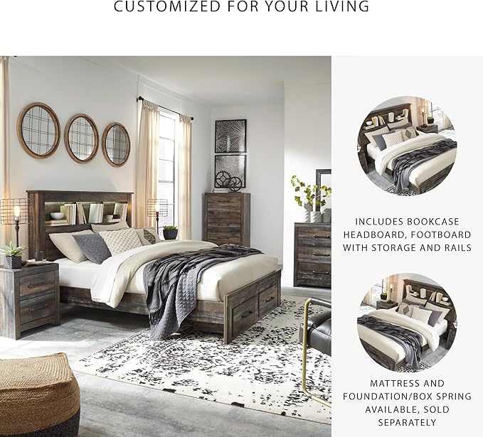 Signature Design by Ashley Drystan Rustic Queen Bookcase Bed with 2 Storage Drawers and LED Light, Foundation or Box Spring Needed, Dark Brown & Gray
