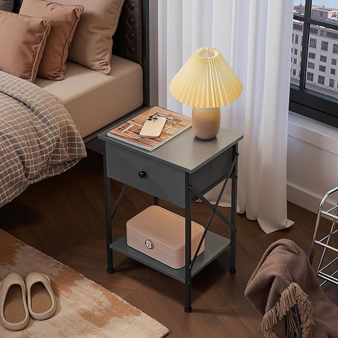 VECELO Nightstand, X-Design End Side Table with Fabric Storage Drawer and Open Shelf, Bedside Night Stand with Steel Frame for Bedroom, Living Room,Dorm, Easy Assembly, Hemp Gray