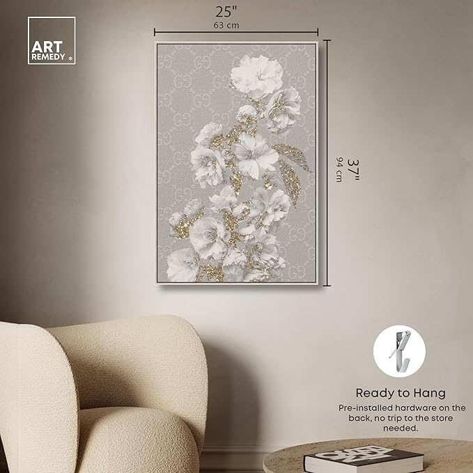 Art Remedy Floral in Classic Fashion Canvas Delicate Farmhouse Wall Art, Silver Frame, 24" x 36"