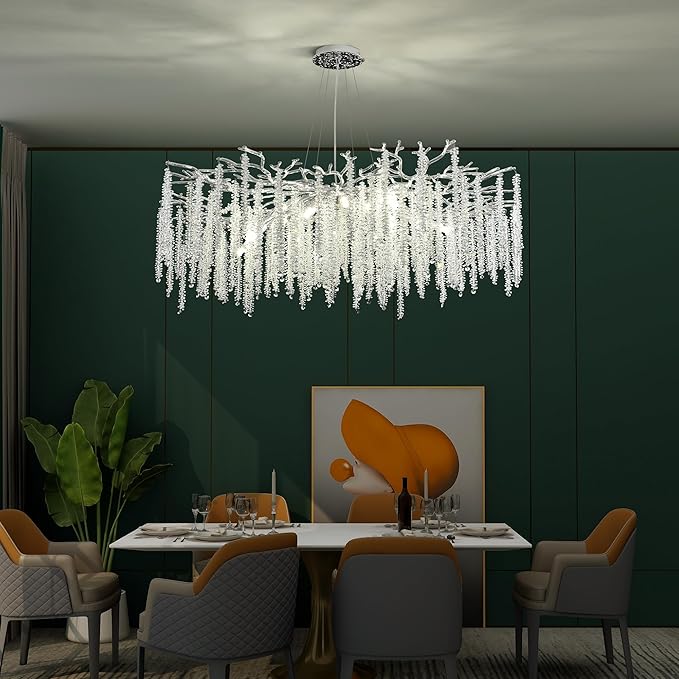 Modern Tree Branch Chandeliers Chrome D47'', Crystal Raindrop Chandelier for Living Room, Round Art Deco Lighting Fixture for for Dining Room Foyer Bedroom 18 Lights
