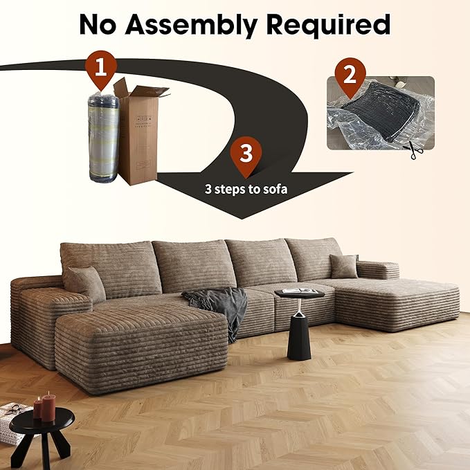 135.4" Oversized U Shaped Modular Sectional Sofa Cloud Couch with Chaise Lounge and Movable Ottoman, Fluffy Corduroy Upholstered Boneless Sofa Deep Seat Couches w/Pillows for Living Room Apartment