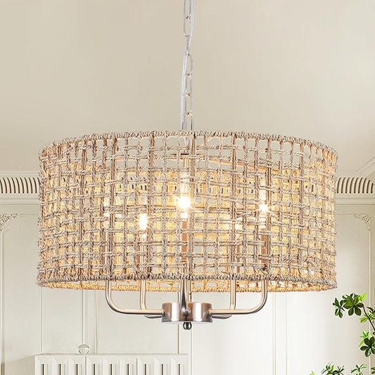 18.9'' Hand Woven Rattan Chandelier, 5-Light Brushed Nickel Chandelier Rattan Pendant Light Fixture, Wicker Farmhouse Chandeliers for Dining Room Bedroom Living Room Foyer