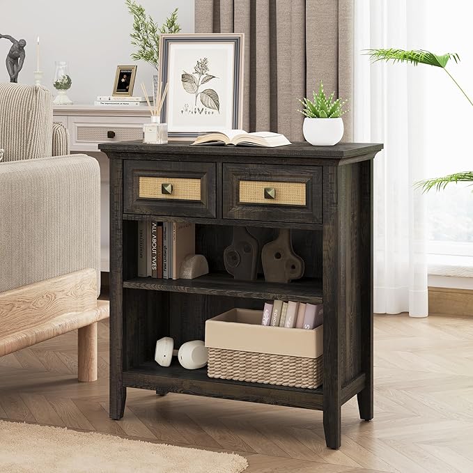 Rattan Storage Cabinets, Accent Boho Storage Cabinet with 2 Drawers and 2 Open Shelves, Modern Wood Storage Cabinet for Entryway, Front Hall, Hallway, Living Room, Coffee