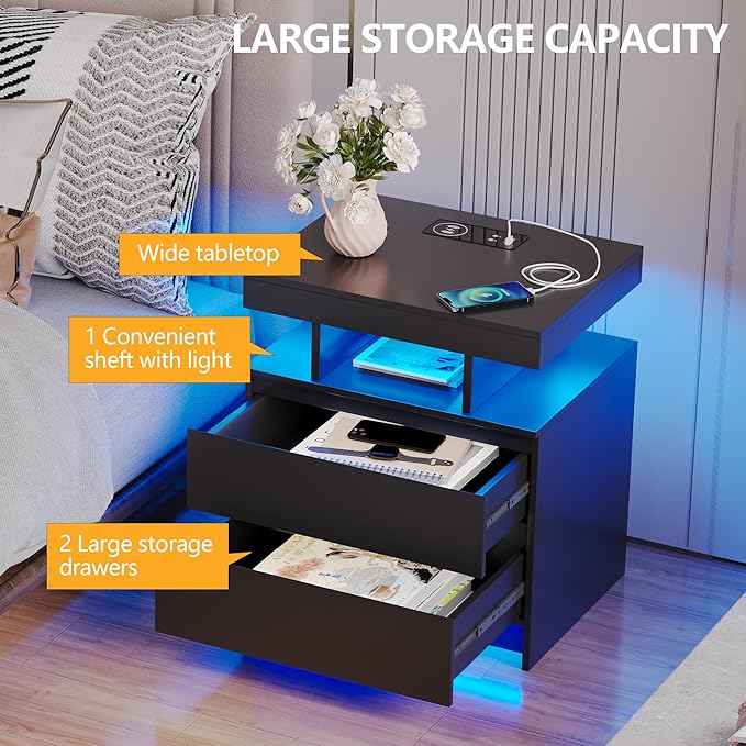 dnbss Nightstand with Charging Station and LED Light, Modern Night Stand with 2 Drawers, Smart Nightstand with USB Ports and Wireless Charger, Bedside Table for Bedroom (Black)