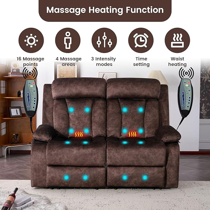 Power Reclining Loveseat with Massage & Heat, Loveseat Recliner Sofa with Cup Holders, Electric RV Sofa with USB/Type C/Side Pocket, Wall Hugger Recliner Loveseat for Living Room