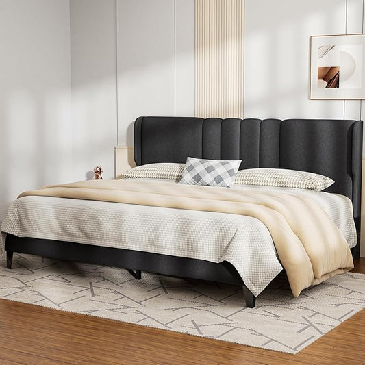 GTPLAYER King Size Bed Frame, Upholstered Platform Bed Frame with Tall Headboard Wingback, Soft Velvet Fabric, No Box Spring Needed, Easy Assembly, Dust Grey