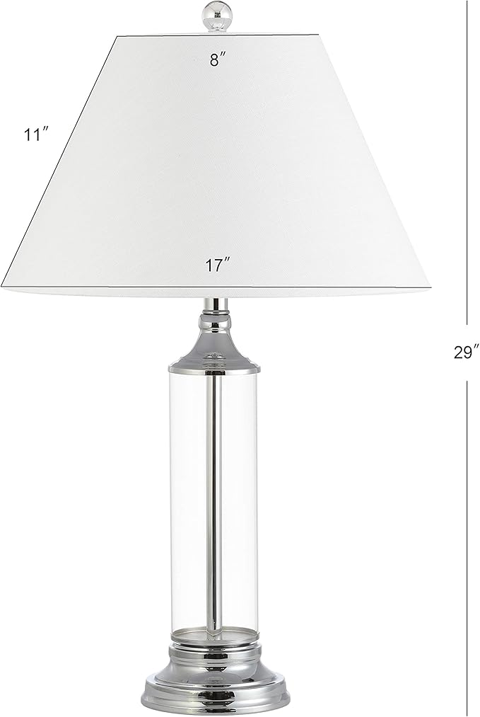 JONATHAN Y 29" Clear/Chrome Glass LED Table Lamp Set of 2, Modern Bedside Nightstand Lamps for Living Room Bedroom Office, White Linen Shade, Transitional Decor JYL4014A-SET2