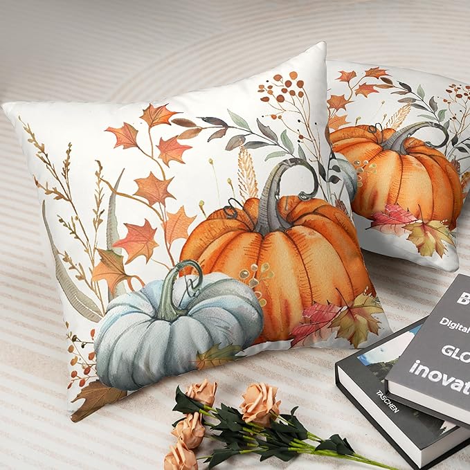 Orange Blue Pumpkin Pillow Covers Fall Maple Leaves Throw Pillow Covers Autumn Thanksgiving Decorative Cushion Case 18x18 for Farmhouse Living Room Couch Patio Set of 2
