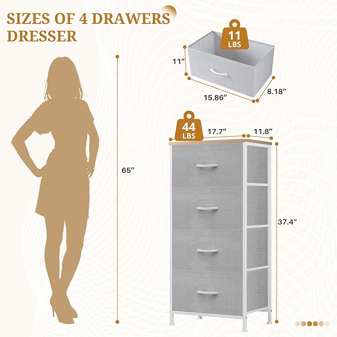 Nightstand with 4 Fabric Drawers, 37.4" H Tall Narrow Bedside Table with Wooden Top Steel Frame for Bedroom, Dorm, Closet, Living Room, Light Grey