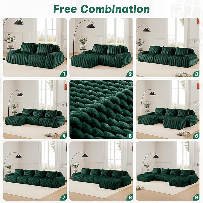 KEIKI 114" Oversized 3-Seater Boneless Couches for Living Room, Compact Modular Sectional Velvet Sofa U-Shaped, Deep Seat Cozy Foam No Assembly Couch for Small Space, Modern Comfort Design, Green