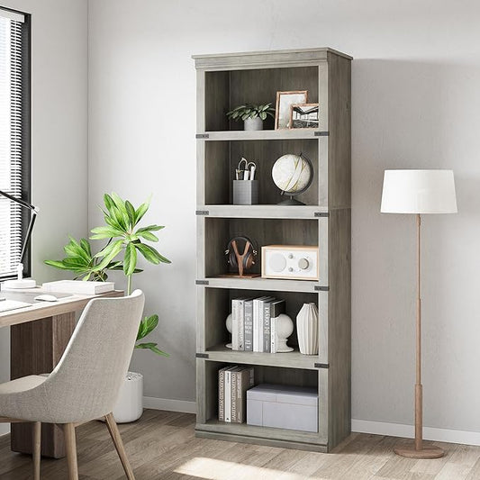 GarveeHome 5 Tier Farmhouse Bookcase, 67.4 in Tall Book Shelf with Storage, Wooden Bookshelves 5 Shelf Display Shelvesfor Home Office, Living Room, Bed Room (Grey, 67.4 in H x 24.4 in W x 12.8 in D)