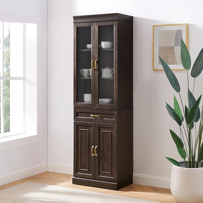 Crosley Furniture Stanton Glass Door Pantry Storage Cabinet with Shelves, Kitchen, Dining, or Laundry Room, Coffee
