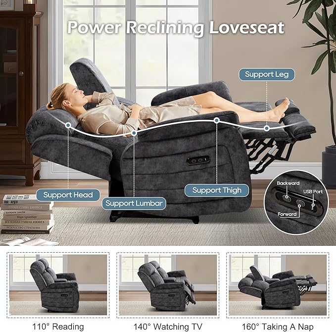 Zero Gravity Power Reclining Loveseat with Adjustable Headrest, Power Loveseat Recliner with Console, Power Loveseat Recliner Sofa with USB & Type-C Ports for Living Room(Grey)