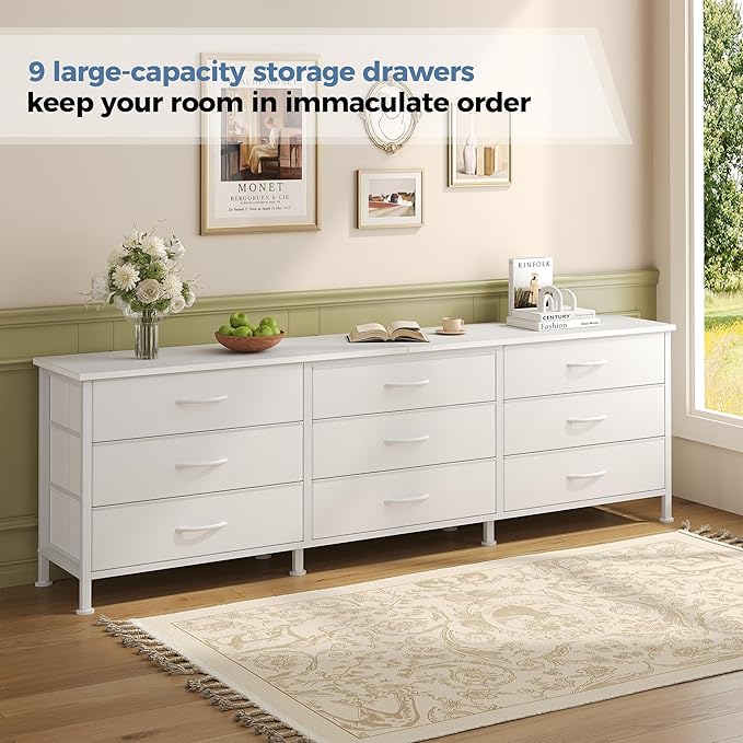 DUMOS TV Stands for Living Room Furniture with 9 Fabric Drawers, Long Entertainment Center Up to 75 Inch TV, Media Console Table with Storage for Bedroom, Adjustable Feet, White.