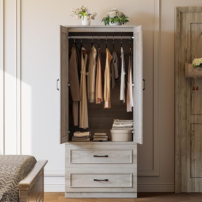 LIKIMIO Armoire Wardrobe Closet with 2 Doors and 2 Drawers 70" H x 28" W Wooden Bedroom Freestanding Wardrobe Combination for Hanging Clothes, Rustic Maple
