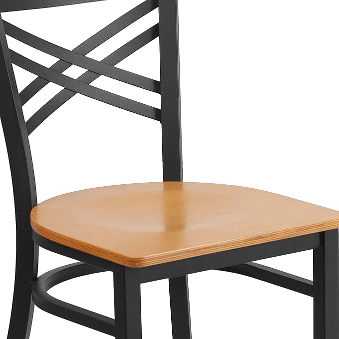 Flash Furniture HERCULES Series Black ''X'' Back Metal Restaurant Chair - Natural Wood Seat