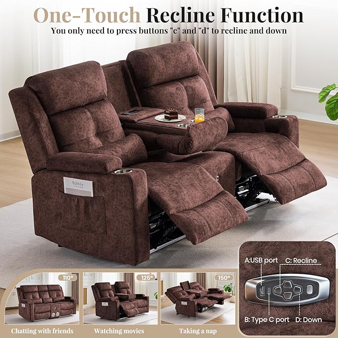 RV Power Loveseat Recliner Sofa with Console|RV Reclining Loveseat with Bluetooth Speaker & LED Light | RV Wall Hugger Double Recliner Loveseat Sofa 3 Pillows (Velvet Brown) | LED Light, Electric Tilt, Hidden Storage, Comfy Velvet