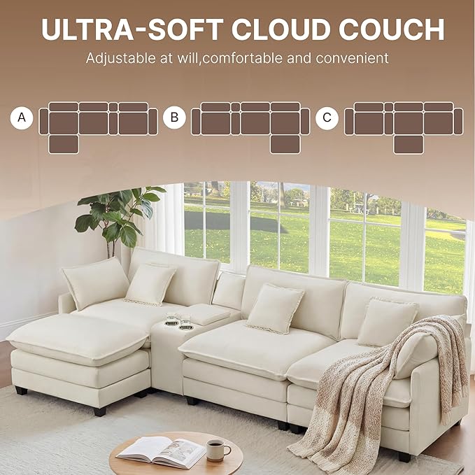 122" Oversized Modular Sectional Sofa with Storage Console,L-Shaped Cloud Couch with Movable Ottoman,Deep Seat,Thick Cushions, Multi Functional Console with USB & 2 Cup Holder,Sofa Set for Living Room | Wood Frame