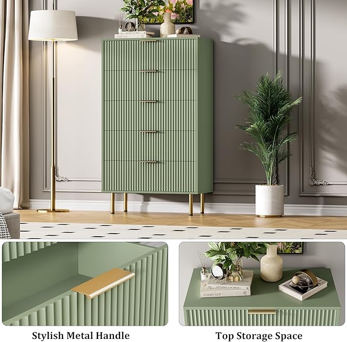 GAOMON 5 Drawer Dresser,Fluted Dresser for Bedroom,47.9" Tall Dressers Chest of Drawers,Wood Tall Dressers with Metal Handle for Closet, Living Room, Entryway