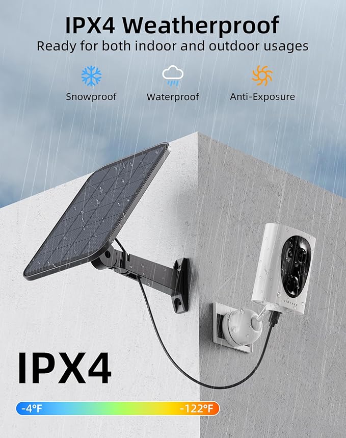 VIRTAVO 2K Wireless Security Camera Outdoor Home WiFi Surveillance Cam, Battery Powered,3W Solar Panel,Color Night Vision,AI Motion Detection,2‑Way Audio,IP66 Weatherproof,SD Card & No Subscription
