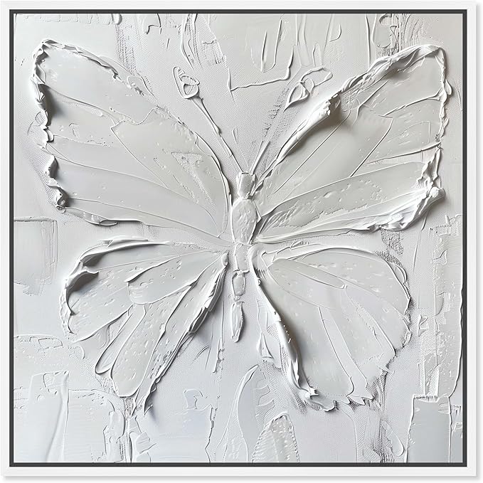 Art Remedy White Butterfly Canvas Elegant White Gold Wall Art, White Frame, 16" x 16"