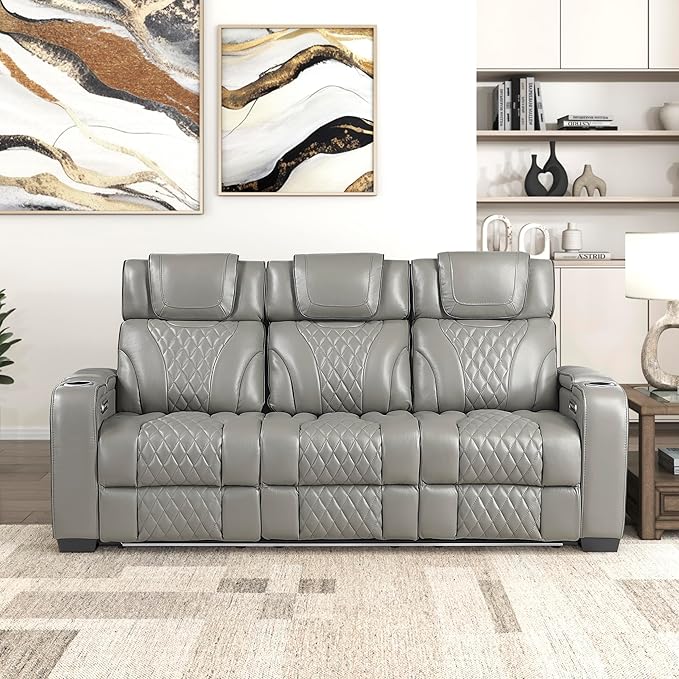 Lexicon Power Double Reclining Sofa, Center Drop-Down Table with Heat/Massage/Headrest/Storage Arms/Cup Holders/LED Lights/Wireless Charging, Top Grain Leather Match Wall Hugger Recliner Sofa, Grey