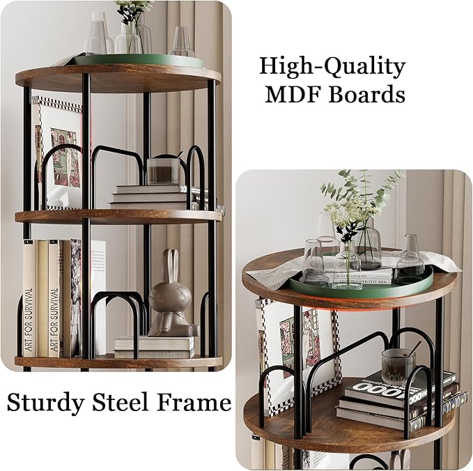 5-Tier Rotating Bookshelf, 360° Round Spinning Book Shelf Tower, Tall Skinny Wood & Metal Bookshelf for Corner/Office/Home, Modern Industrial Vintage Style