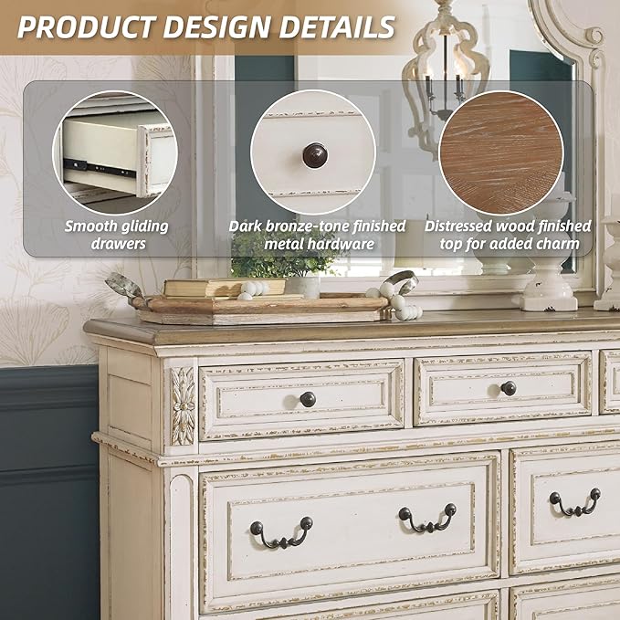 Signature Design by Ashley Realyn Vintage Smooth-Gliding 7-Drawer Dresser and Mirror with Safety Stop, White & Light Brown