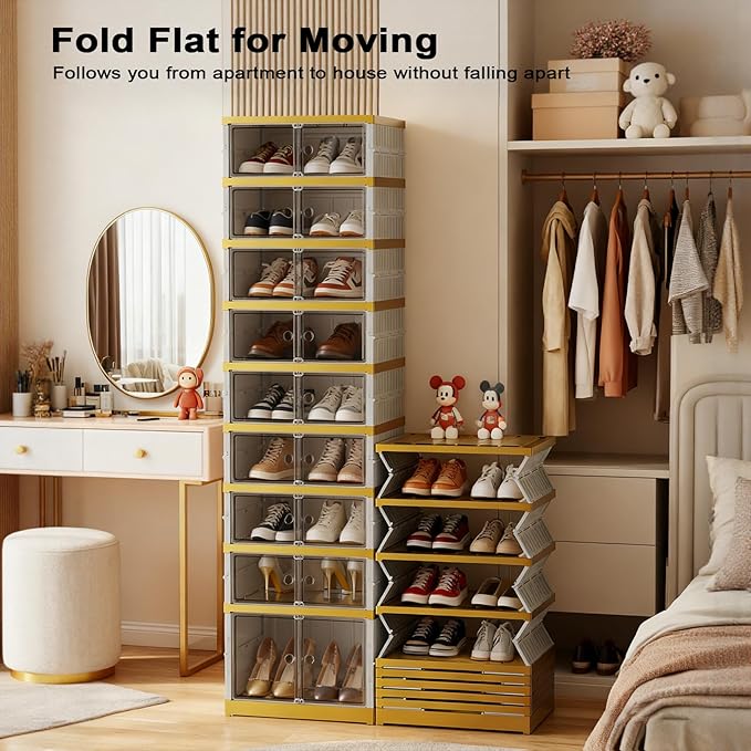Foldable Shoe Rack Organizer Folding Shoe Boxes, 9 Tier 18 Pairs Storage Shoe Cabinet Collapsible Shoe Rack with Magnetic Clear Door Easy Assembly Shoe Cabinet with Wheels, White Gold