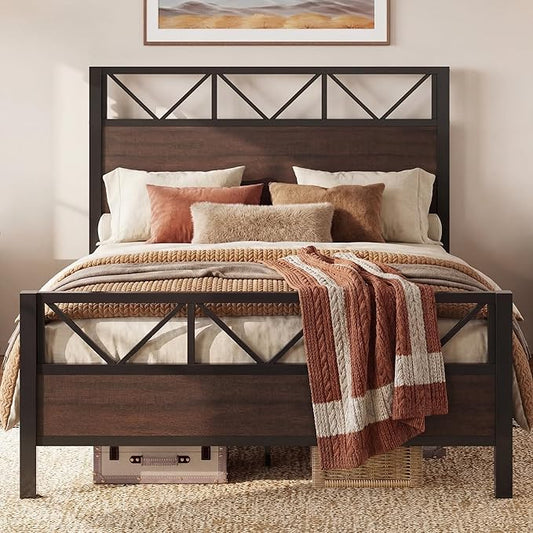 LIKIMIO Queen Bed Frame, Tall Industrial Headboard 51.2 ", Platform Bed Frame with Strong Metal Support, Solid and Stable, Noise Free, No Box Spring Needed, Easy Assembly, Dark Brown